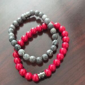 Elegant Red and Gray Beaded Bracelet Set